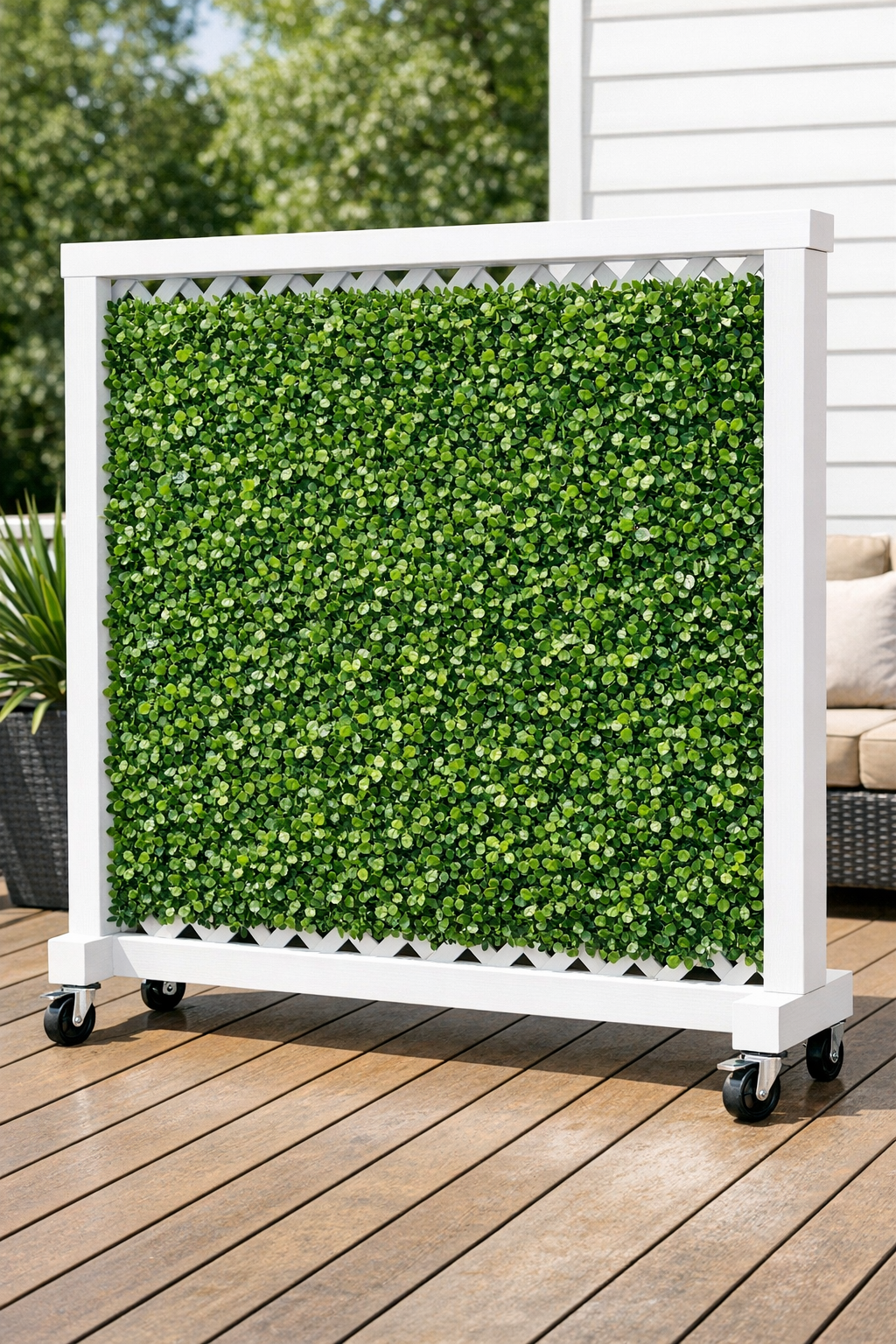 Finished outdoor privacy screen with white lattice and woven boxwood on caster wheels