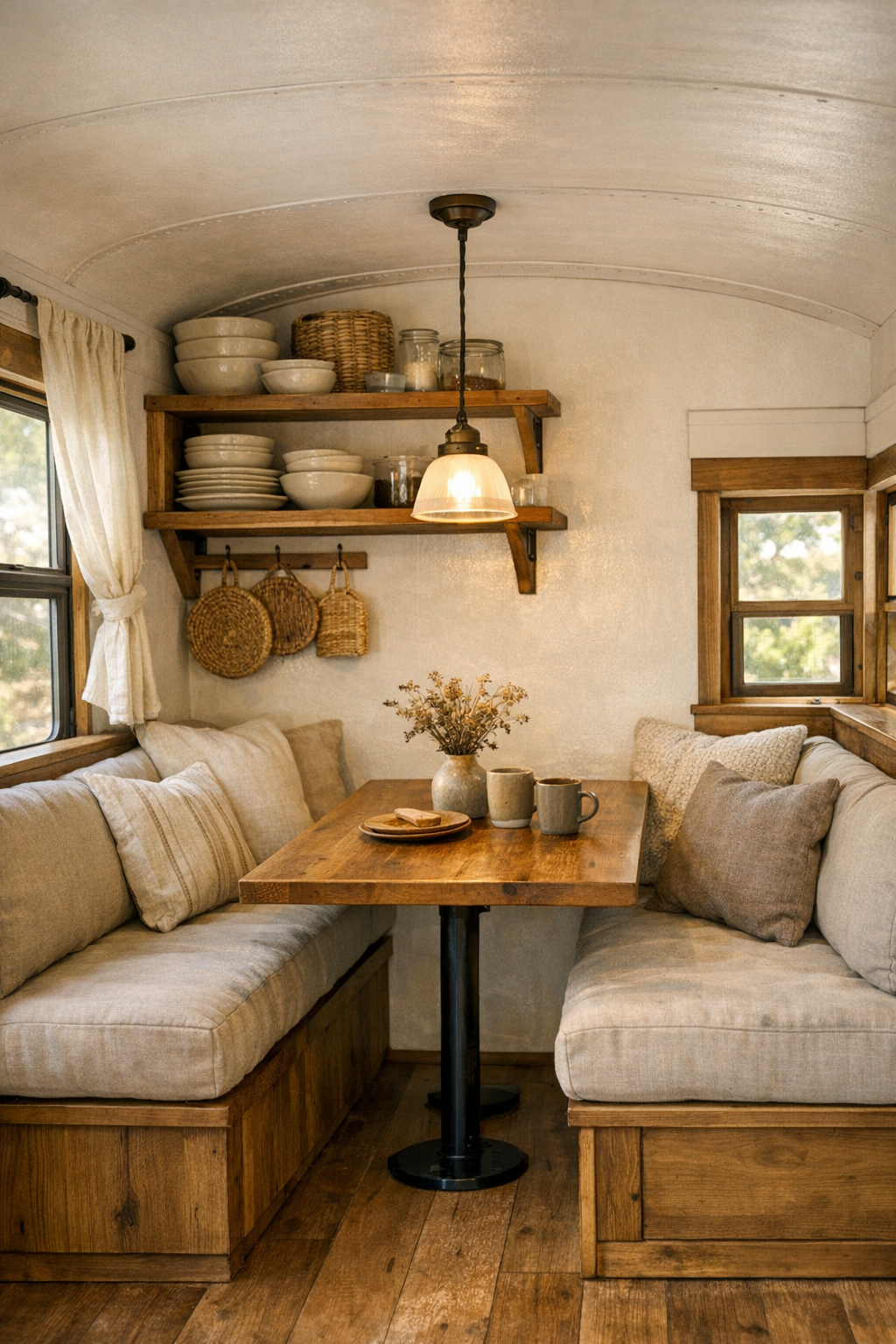 Small dining nook inside a converted bus with built-in benches and a wood table