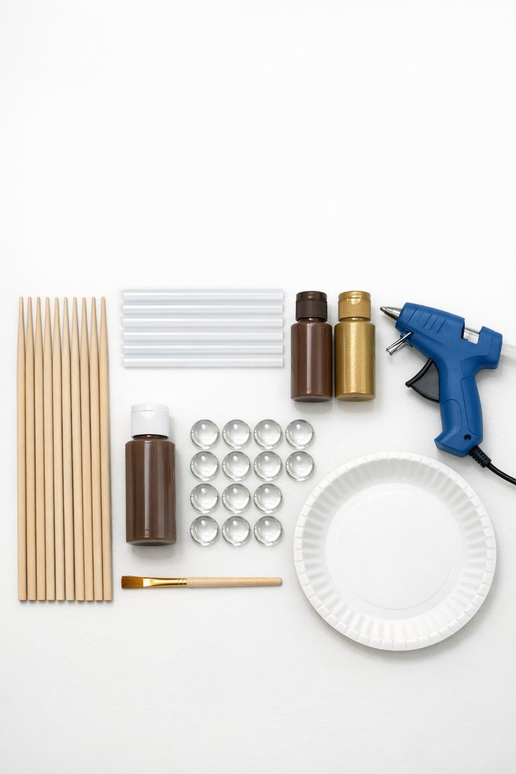 Wooden chopsticks, glue sticks, paints, beads, and tools laid out for making wands