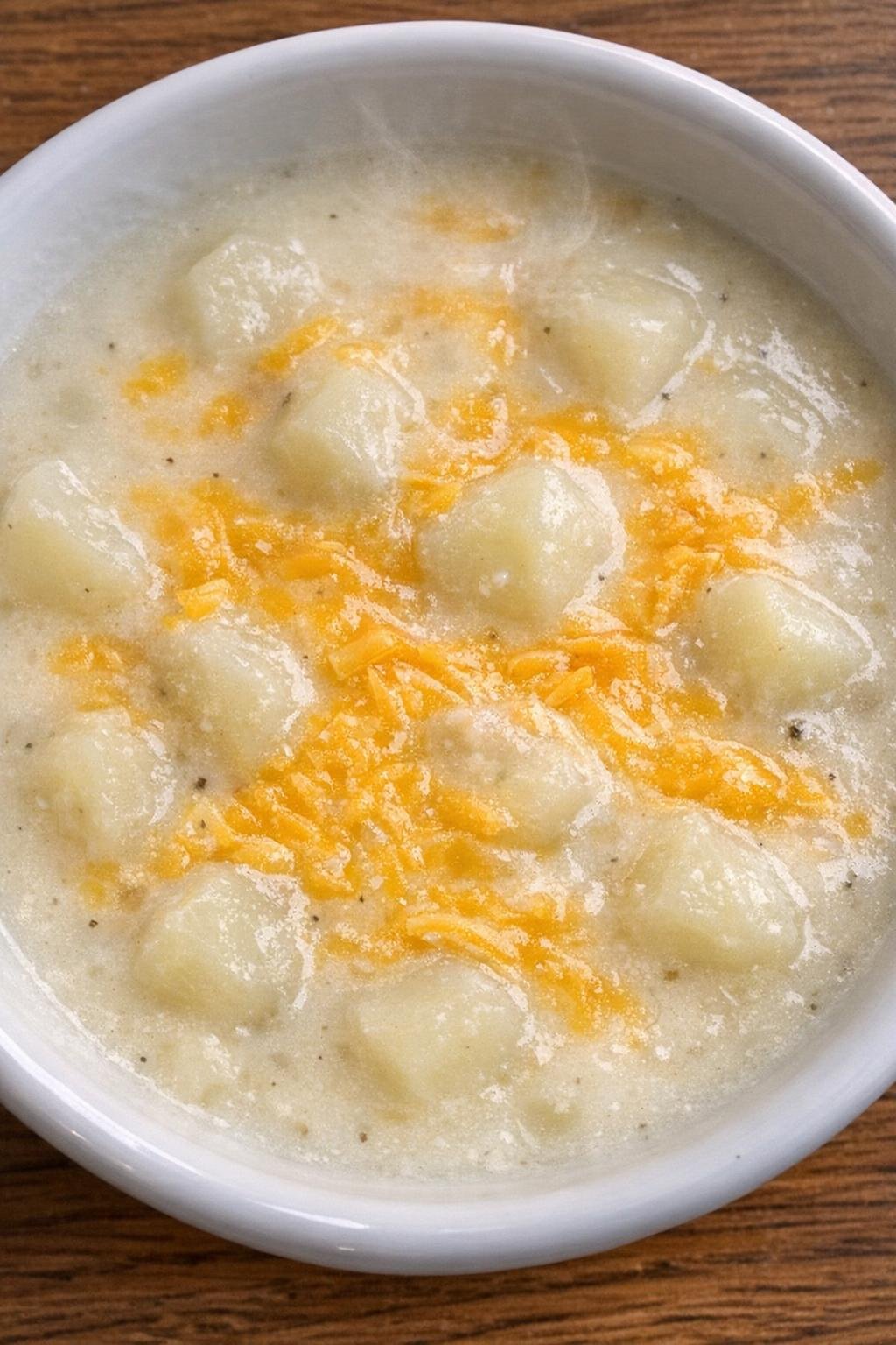 Creamy potato soup in a white bowl