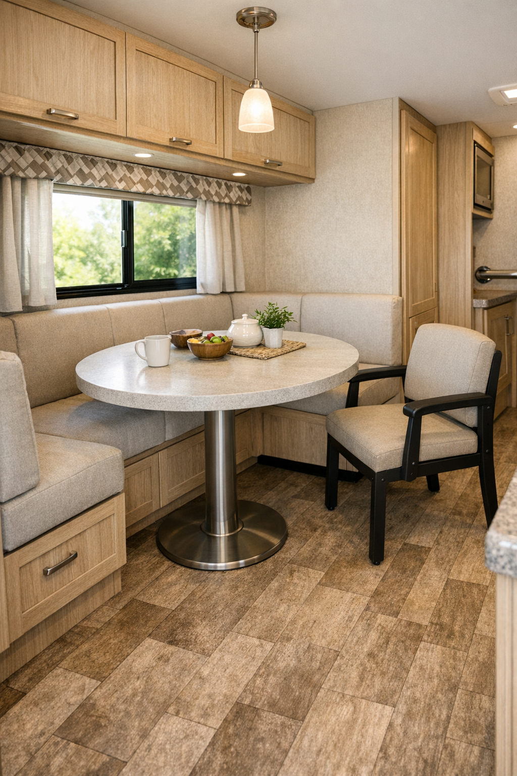 Compact RV dining nook with pedestal table and bench seating