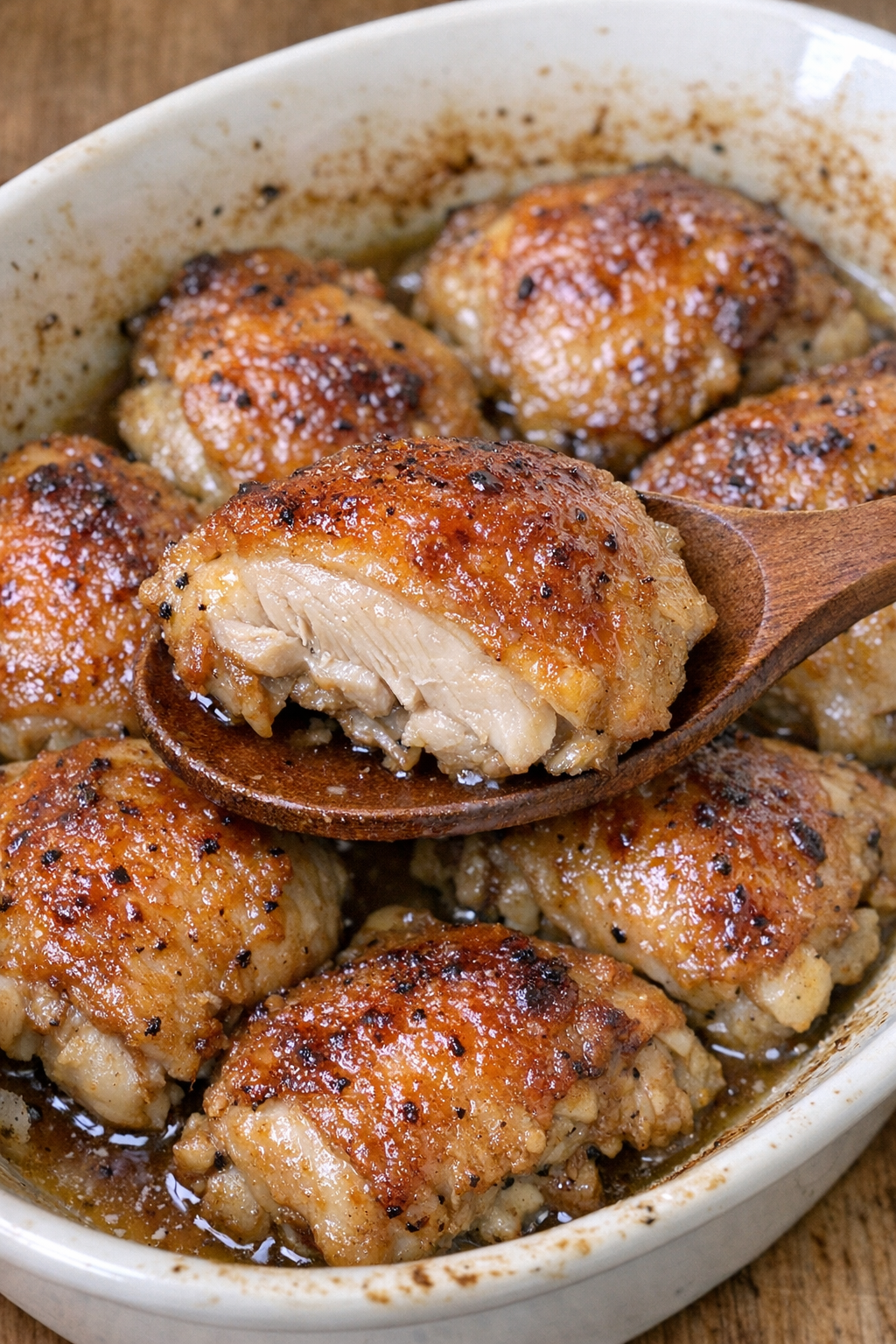 Golden brown baked chicken in a white oval casserole dish
