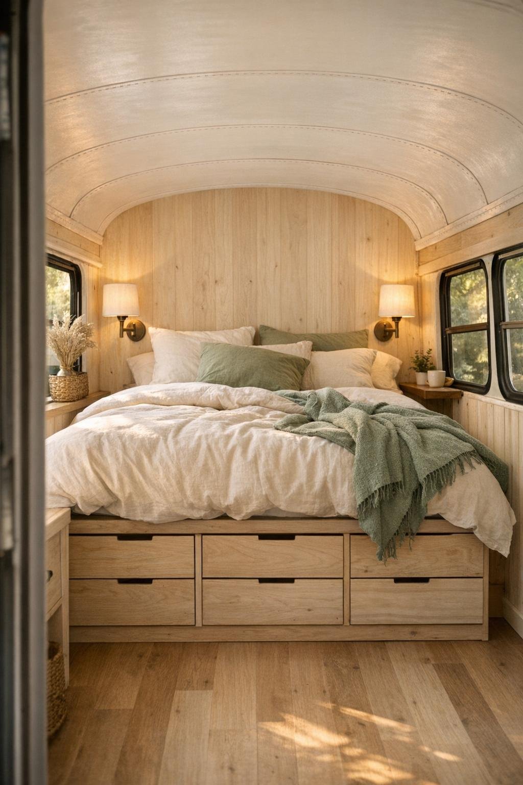 Calm converted bus bedroom with raised bed, soft linens, and light wood walls