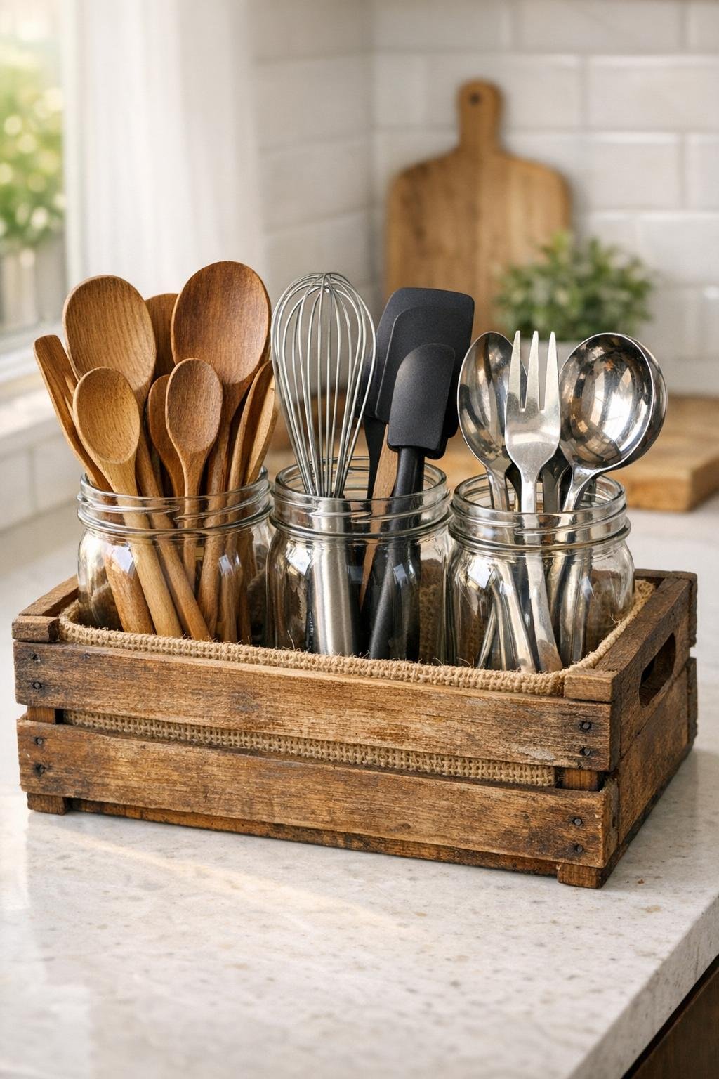 Finished mason jar utensil caddy in a rustic wooden crate with burlap lining