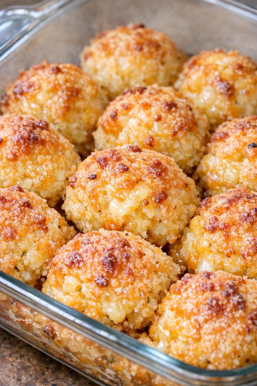 Southern 3-ingredient baked cheese balls in a glass casserole dish