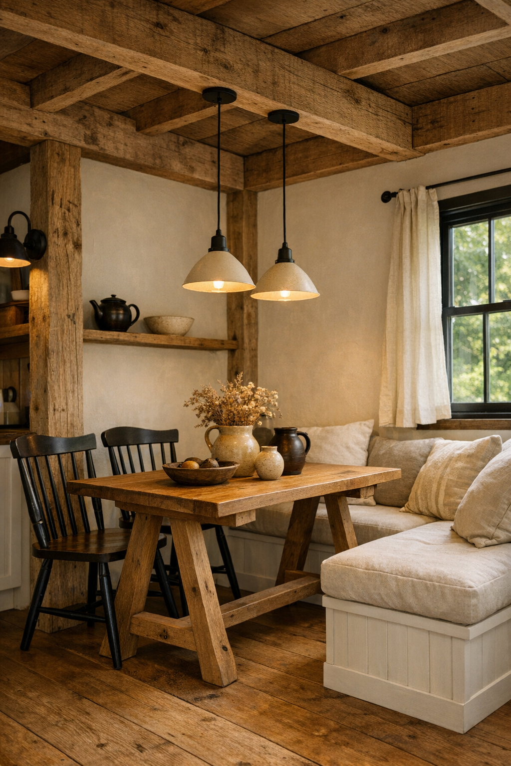 Rustic tiny home dining area with solid wood table, bench seating, and timber frame details