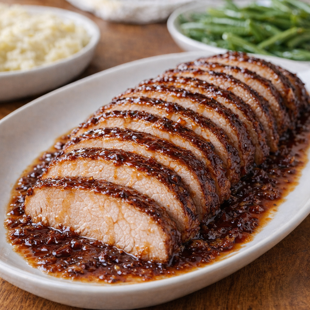 Sliced apple butter pork on a platter with glossy glaze