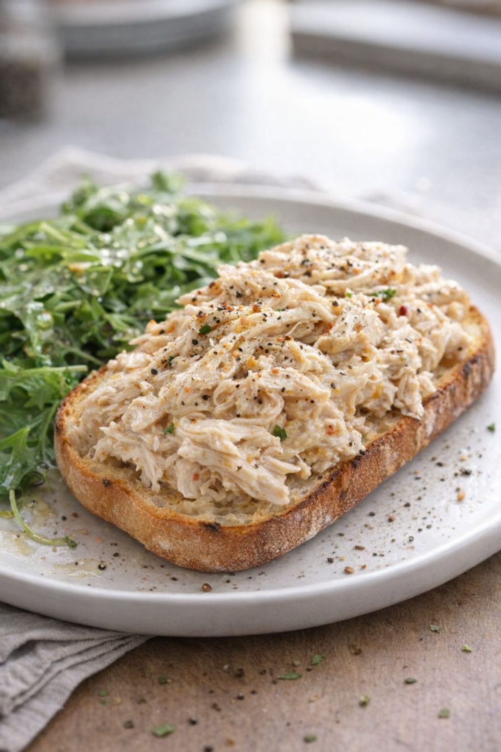 Creamy chicken on toasted ciabatta with salad