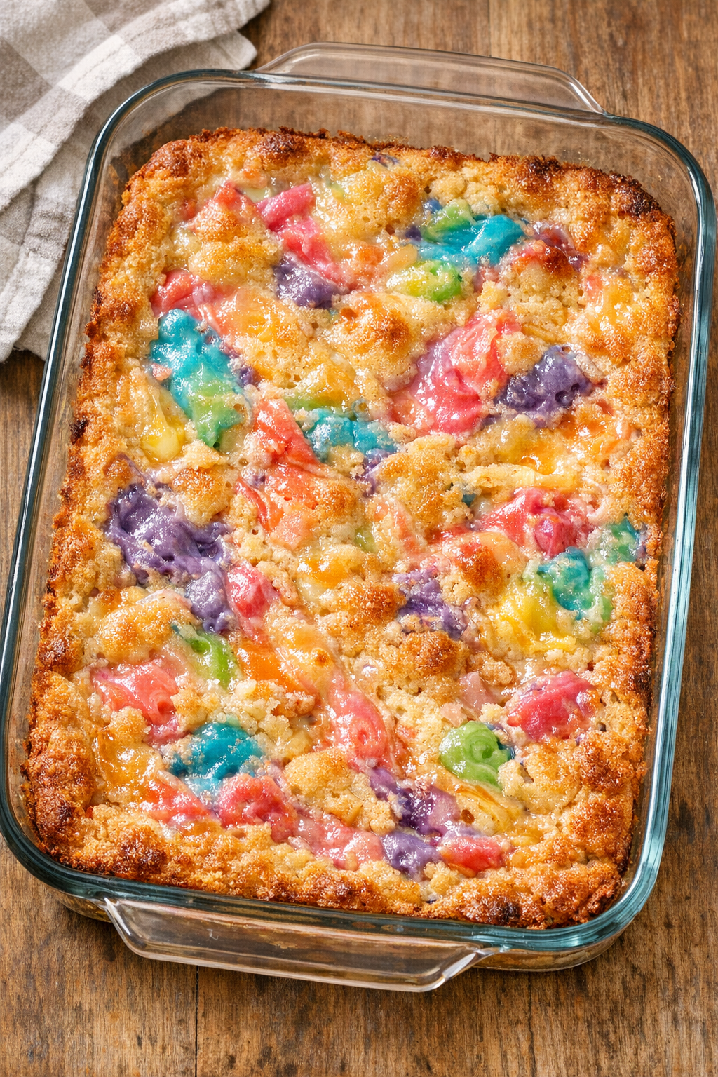 Finished baked taffy dessert bars in a glass baking dish