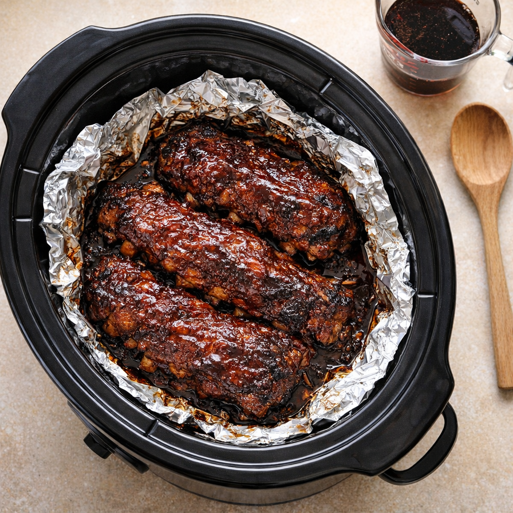 Slow cooker lined with foil on a kitchen counter