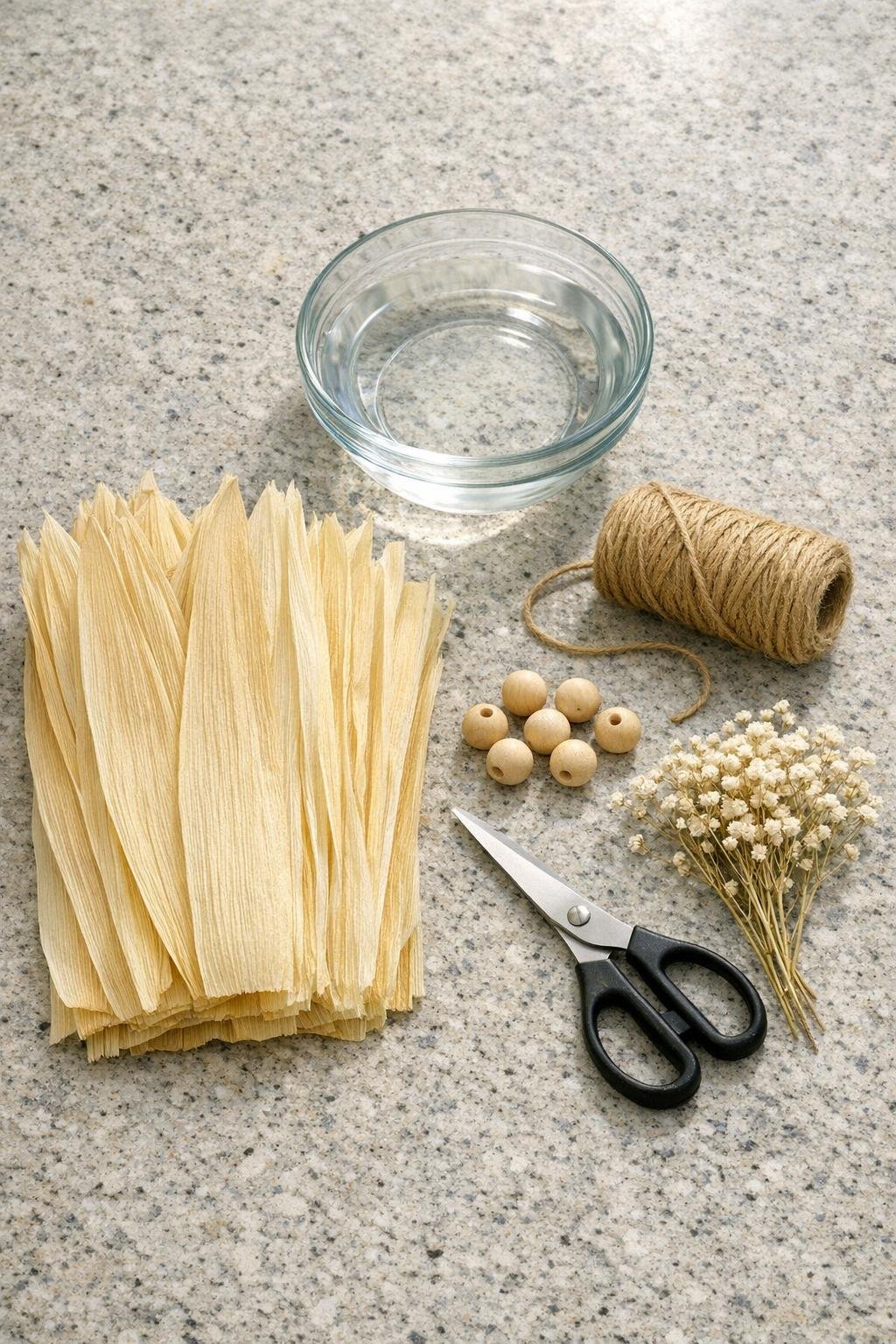 Corn husks, twine, wooden beads, baby's breath, scissors, and a glass dish laid out on a counter