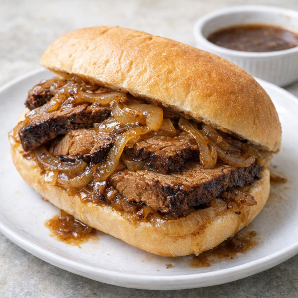 Brisket sandwich with onions on a soft roll