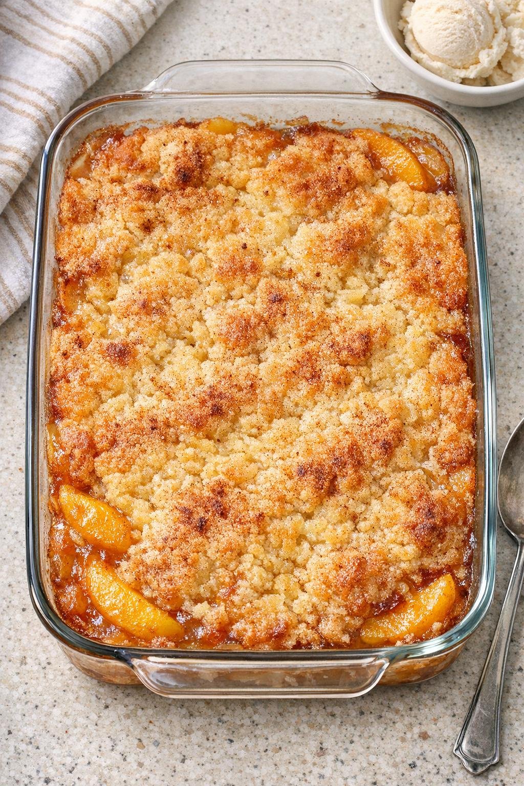 Finished peach dump cake in baking dish