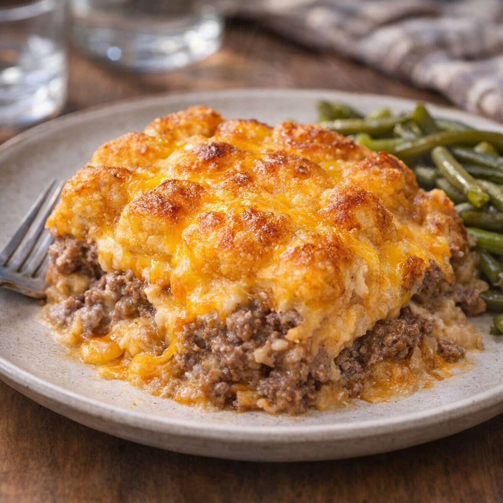 Served portion of cheesy tater tot casserole on a plate