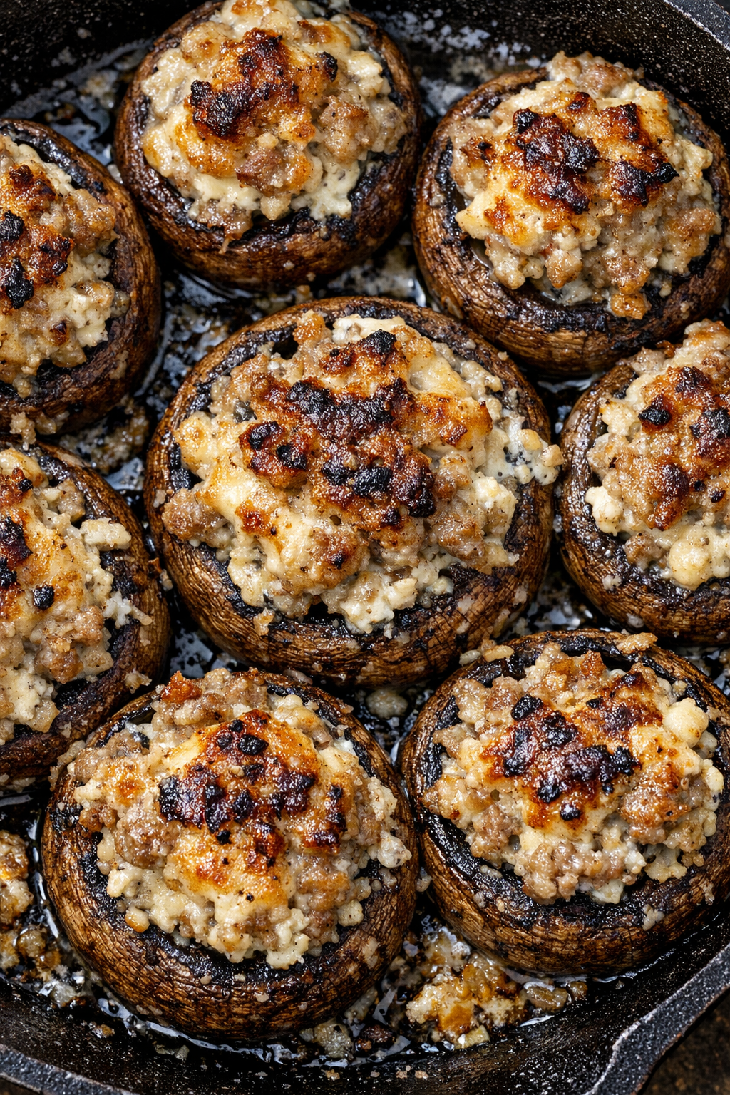Southern 3-ingredient sausage stuffed mushrooms in a cast iron skillet