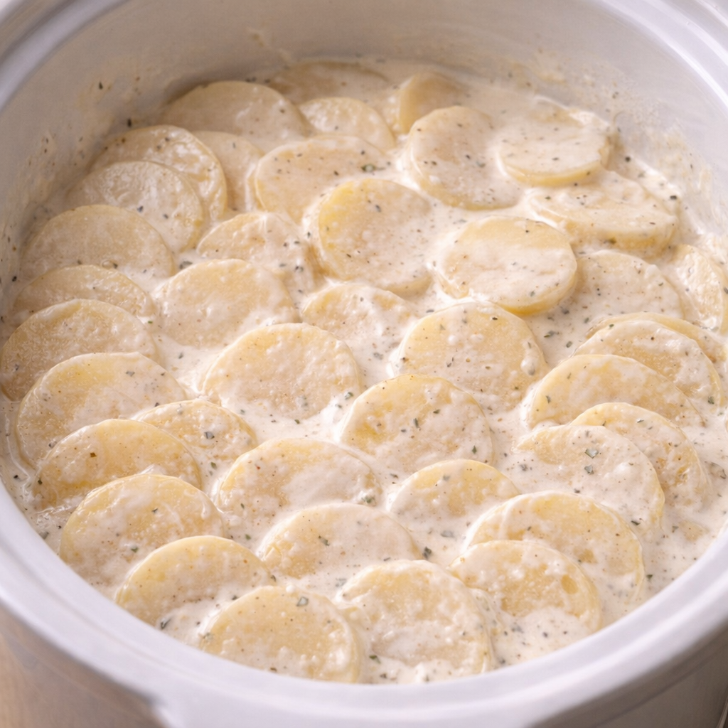 Potatoes layered in a slow cooker before cooking