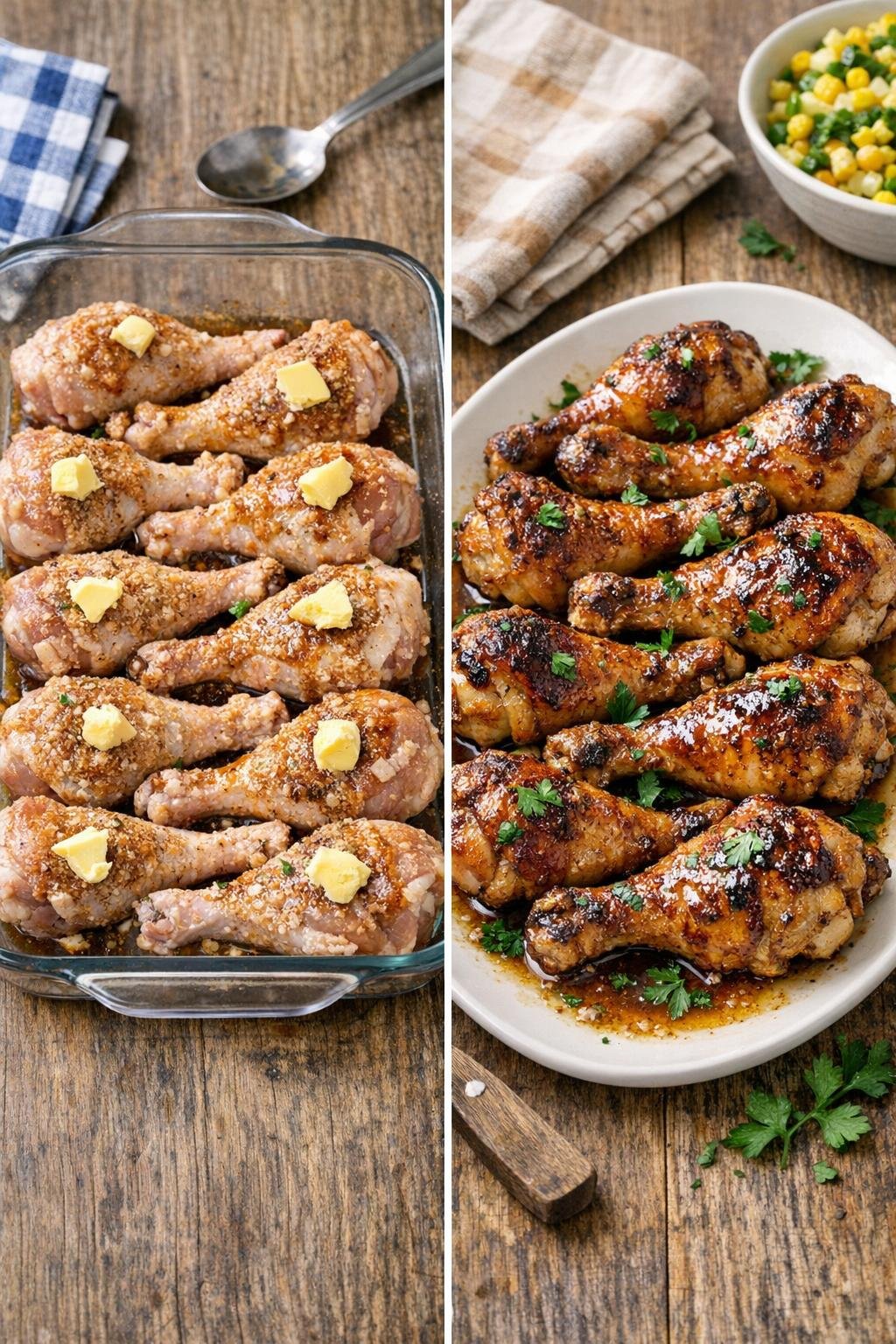 Finished baked chicken drumsticks on a platter