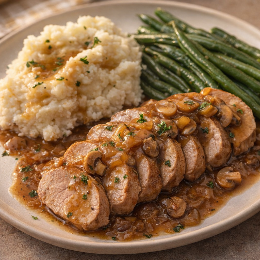 Sliced pork medallions with gravy on a dinner plate
