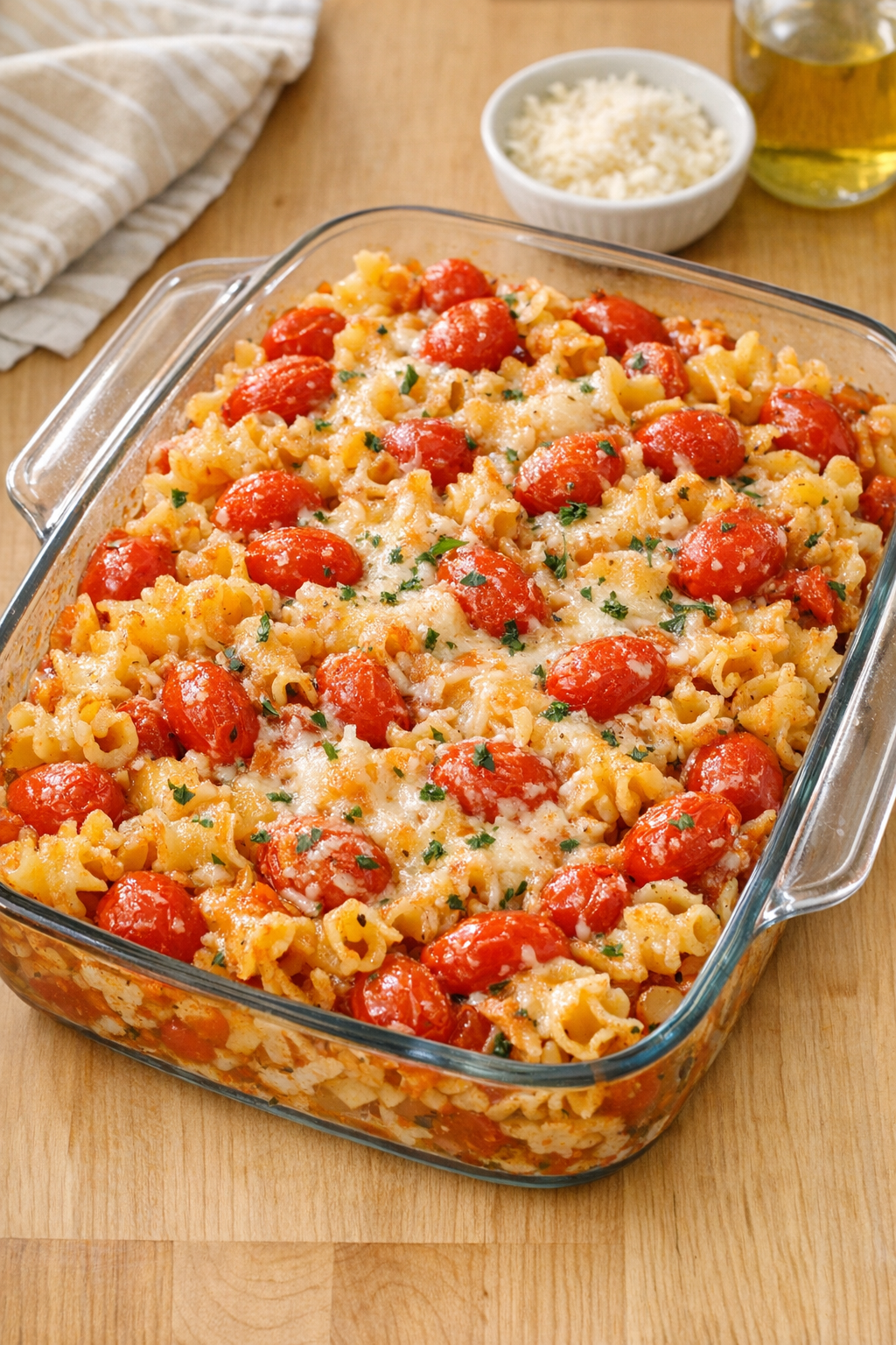 Finished baked grape tomato campanelle pasta in a glass casserole dish