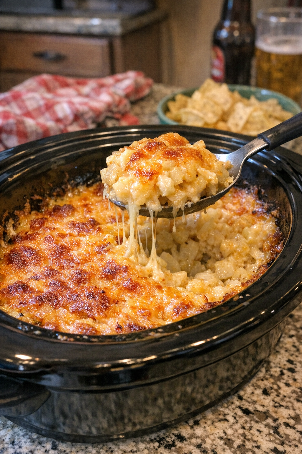 Finished cheesy hash brown casserole in oval slow cooker