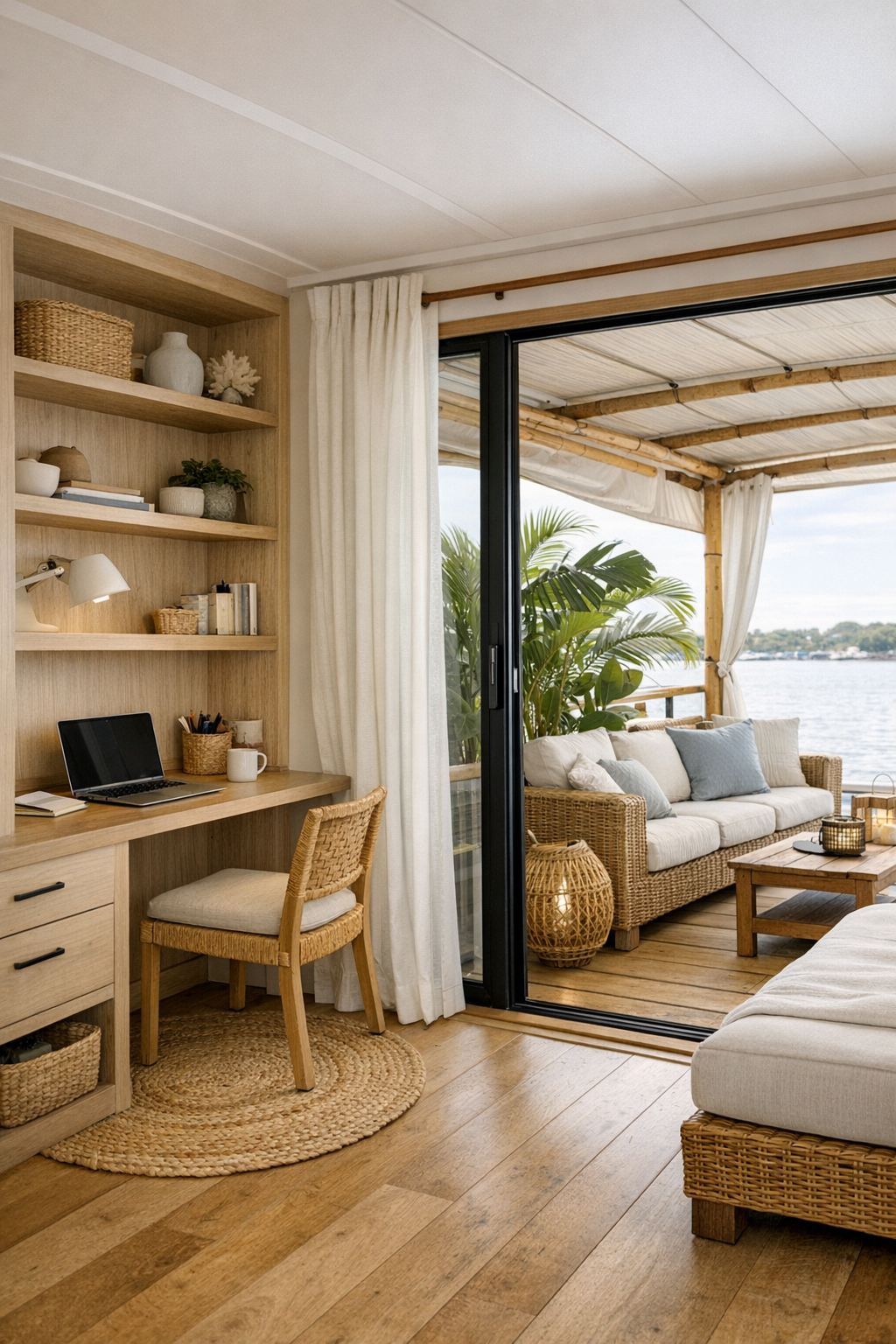 Built-in office nook and covered deck area in a breezy coastal houseboat