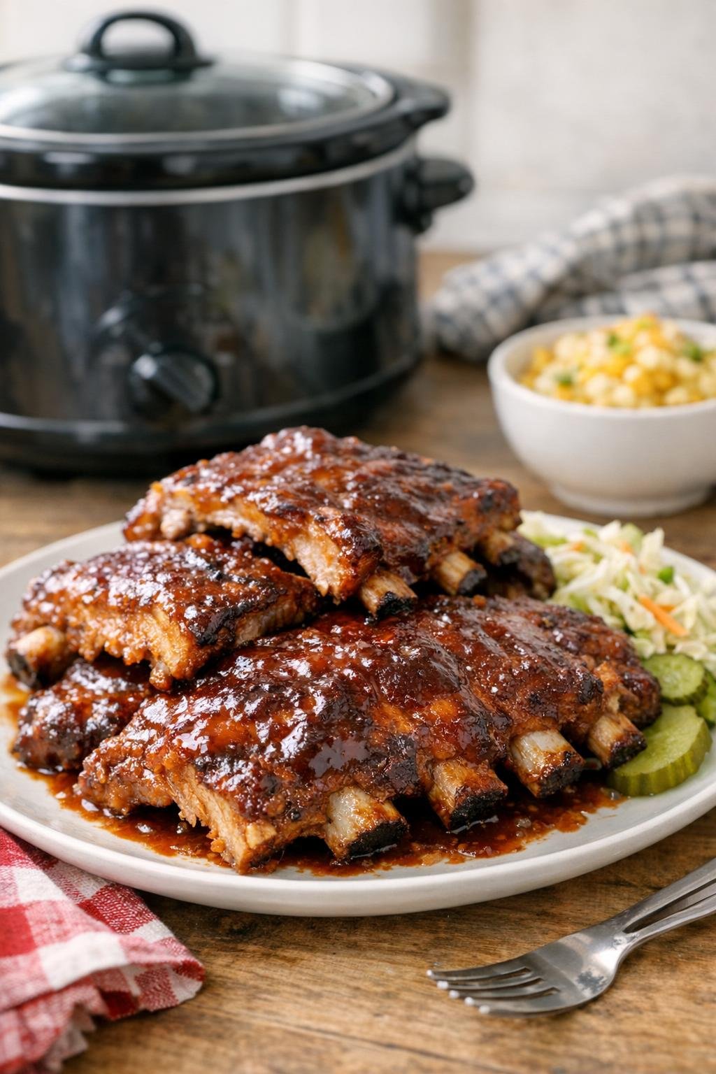 Finished baby back ribs plated with glossy barbecue sauce