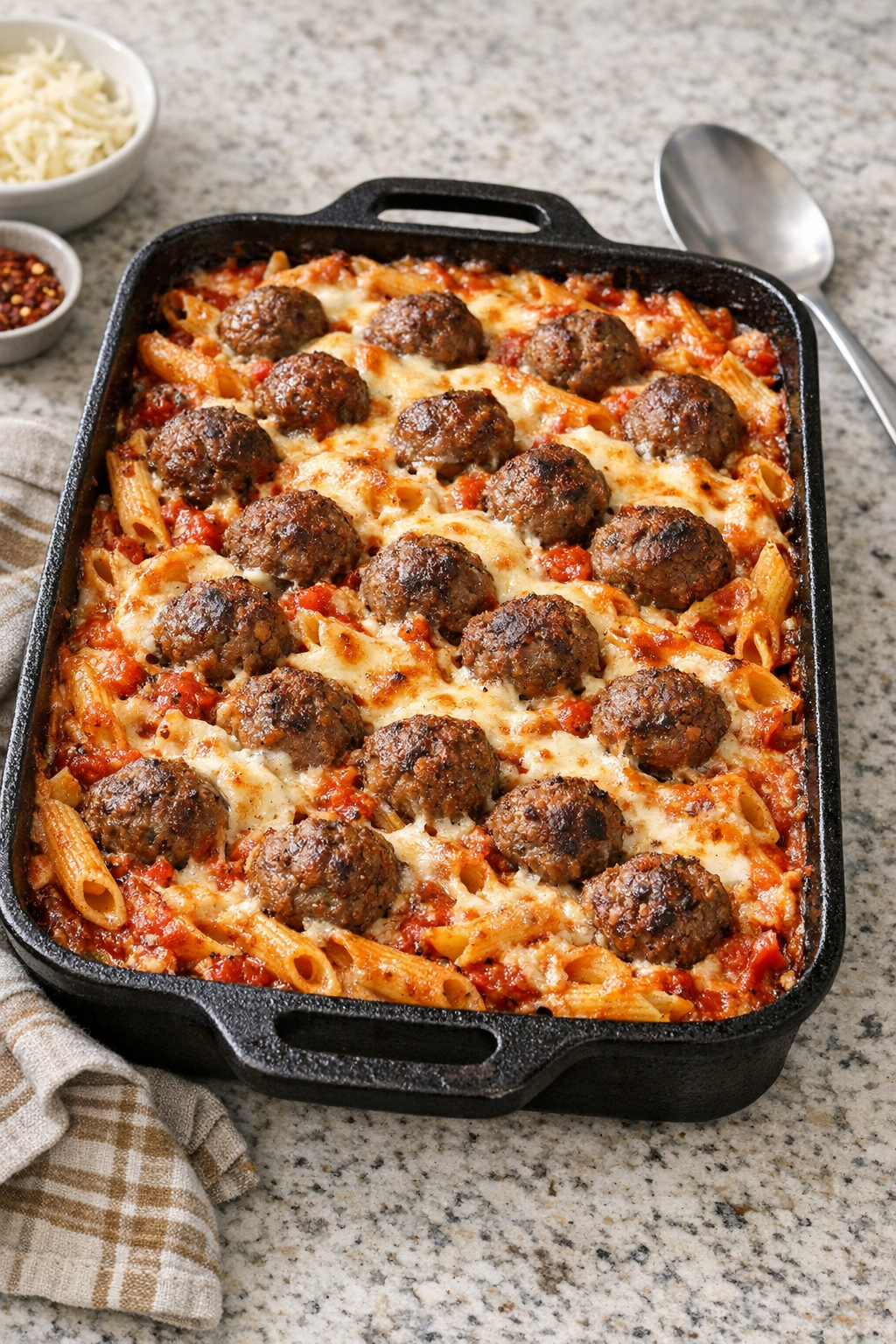 Finished Amish meatball pasta bake in a cast iron pan