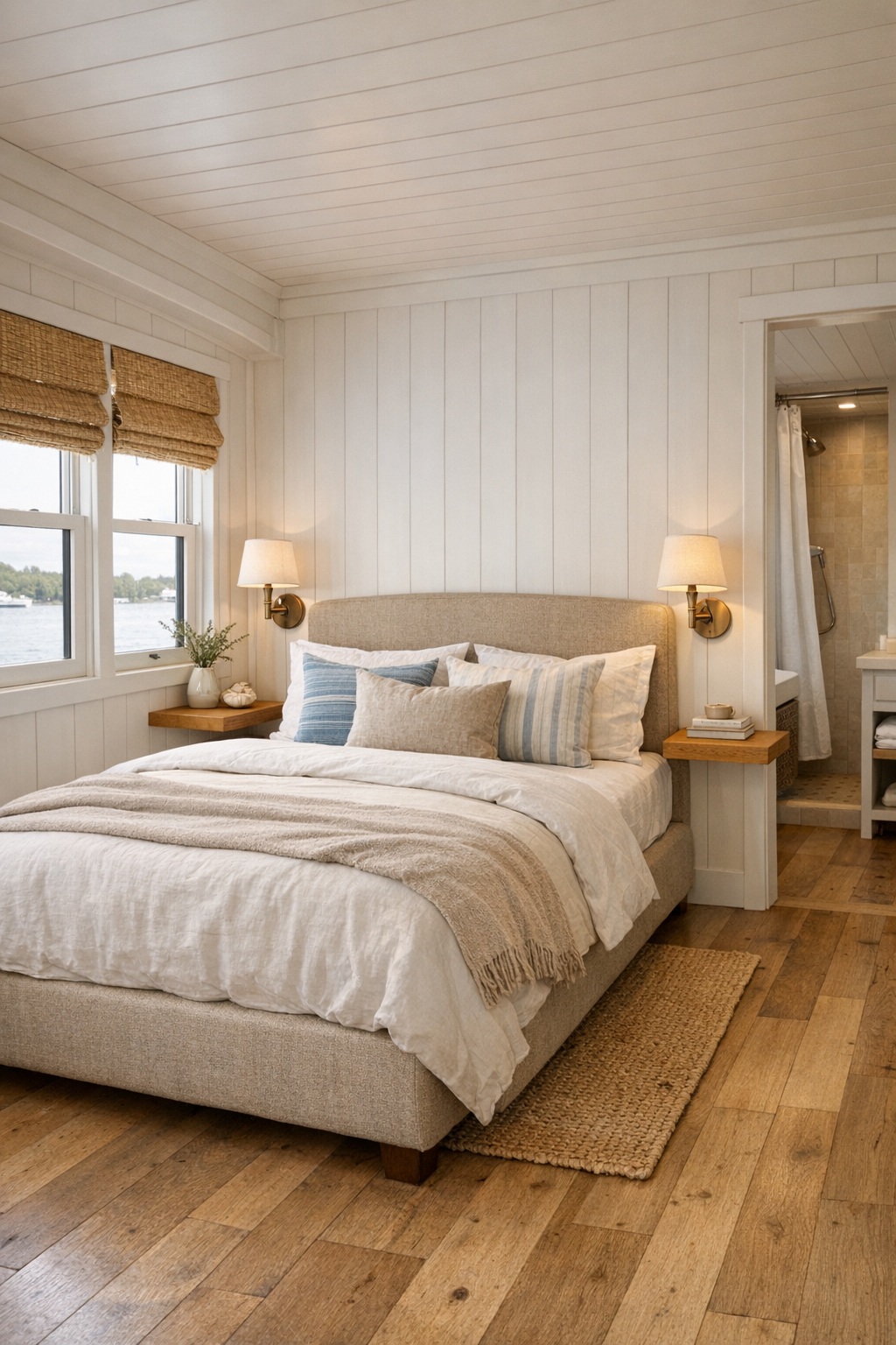 Serene coastal bedroom with flax upholstered bed, layered neutral linens, and soft blue accents