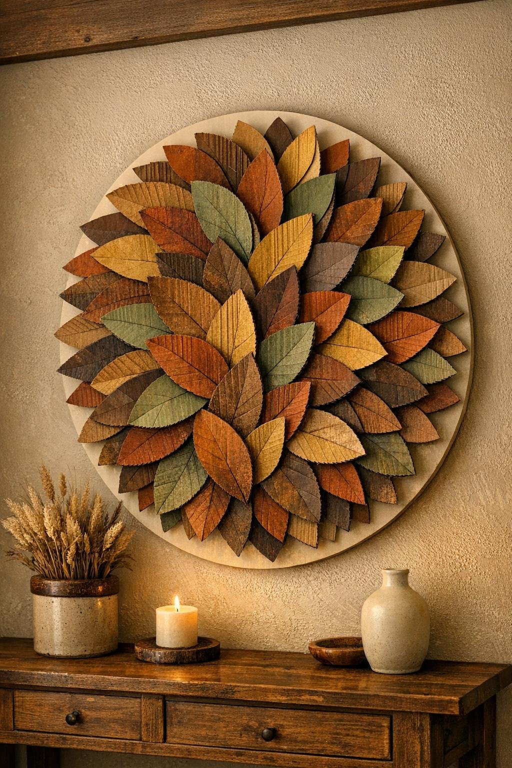 Finished stacked cardboard leaf wall art hanging in a cozy home