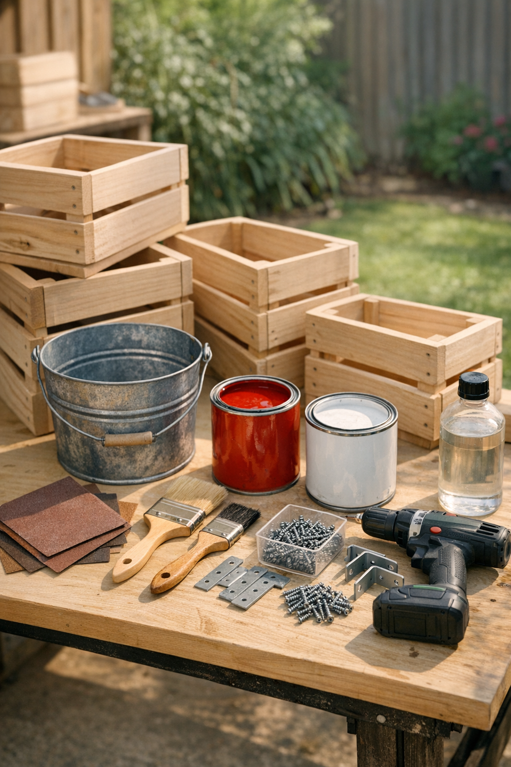 Painted wooden crates, galvanized bucket, paint, and hardware laid out for the project