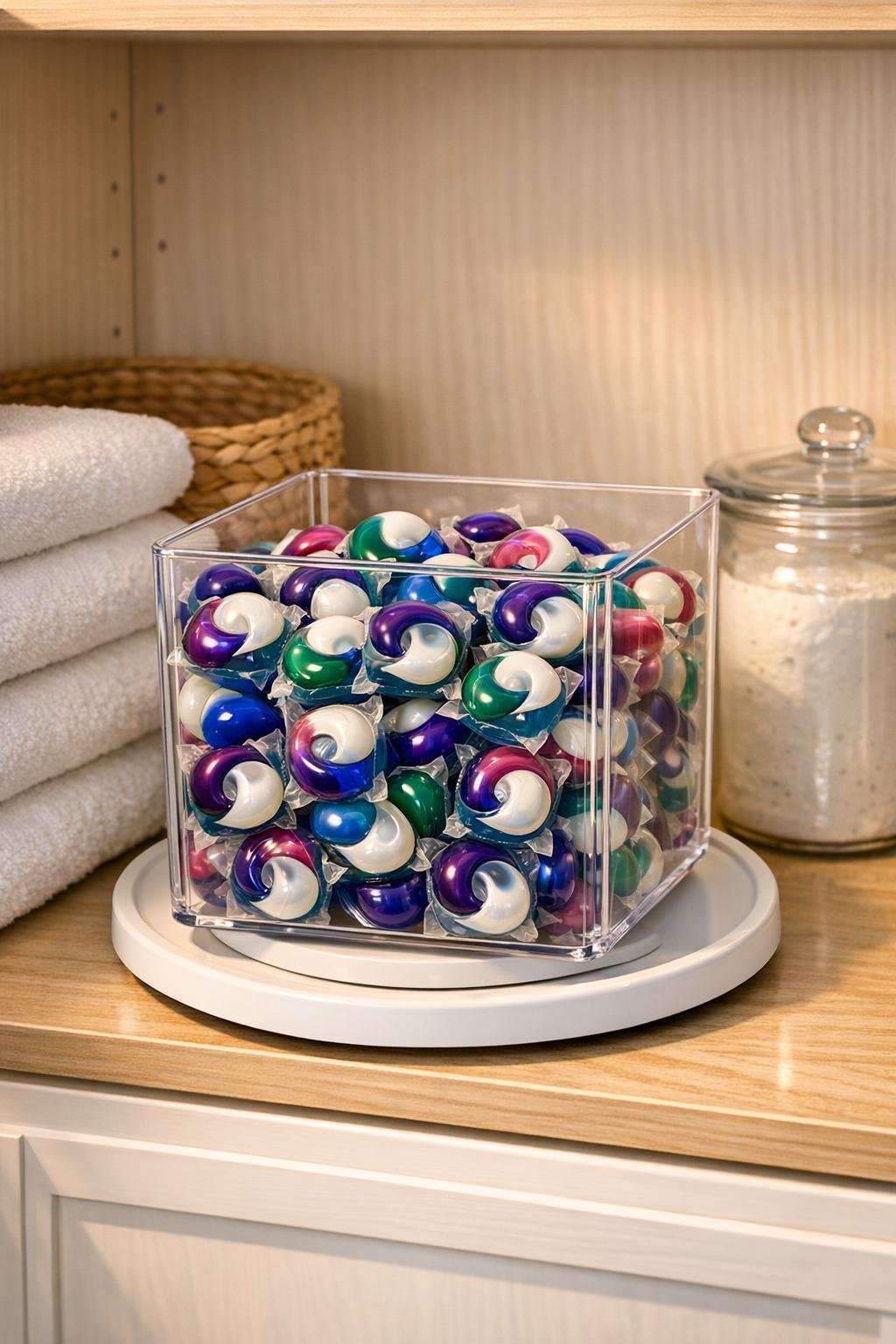 Finished spinning pod dispenser made from a clear acrylic bin on a white lazy Susan inside a laundry cabinet