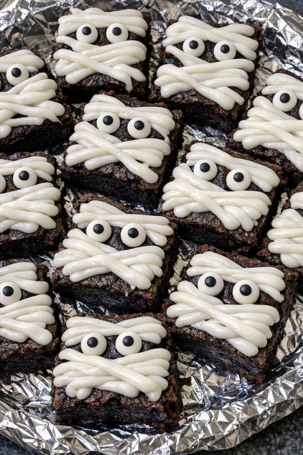 Finished mummy brownies with icing and candy eyes