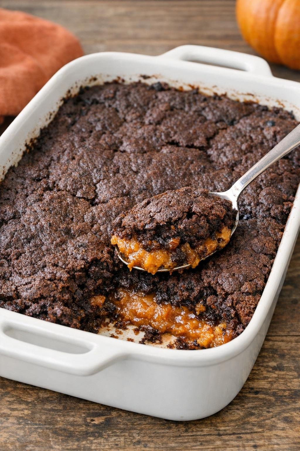 Baked chocolate pumpkin dump cake in a ceramic pan