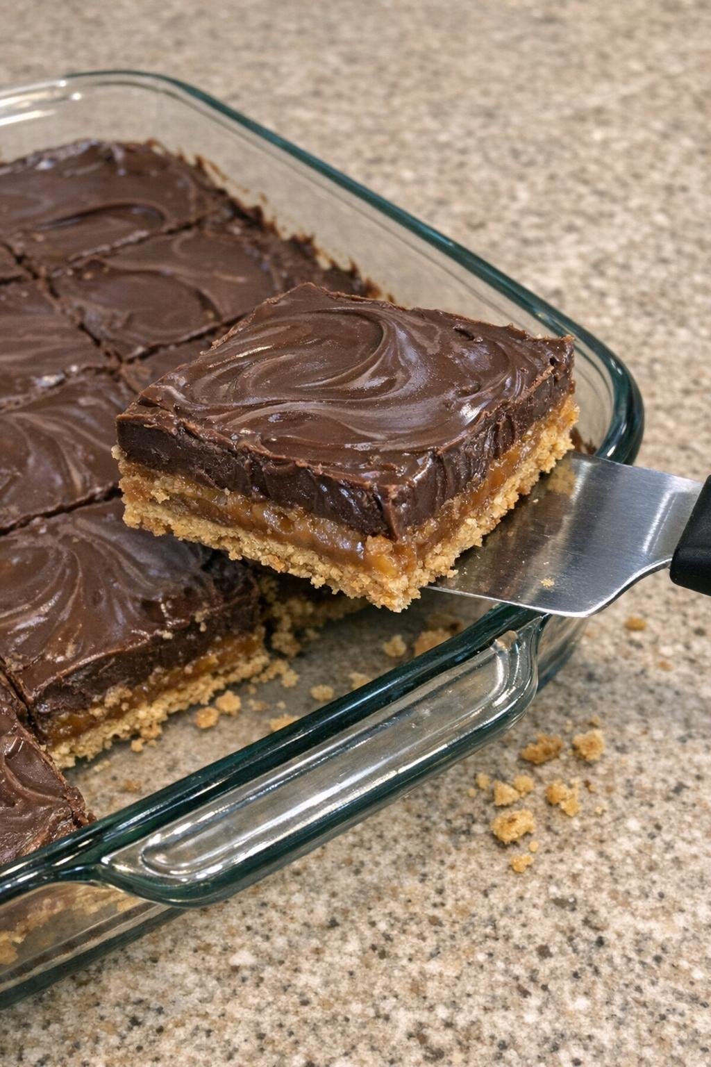 Caramel graham bars in a glass baking dish