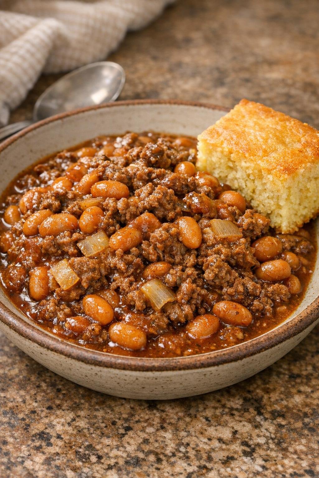 Final plated baked bean beef with cornbread