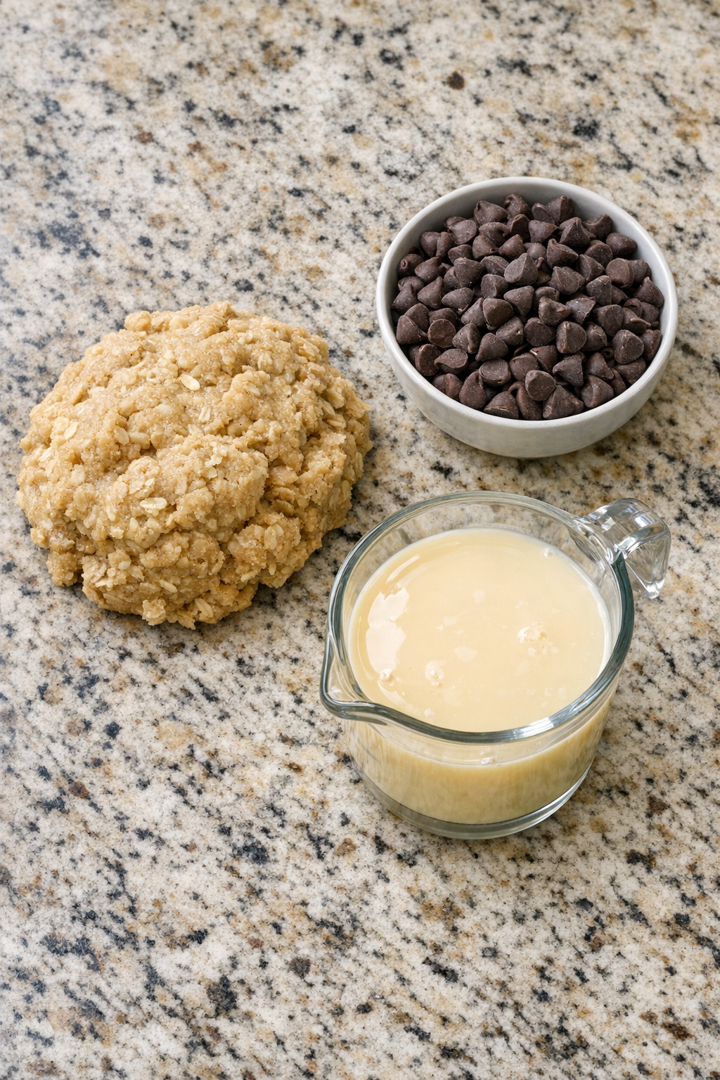 Oatmeal cookie dough, sweetened condensed milk, and chocolate chips