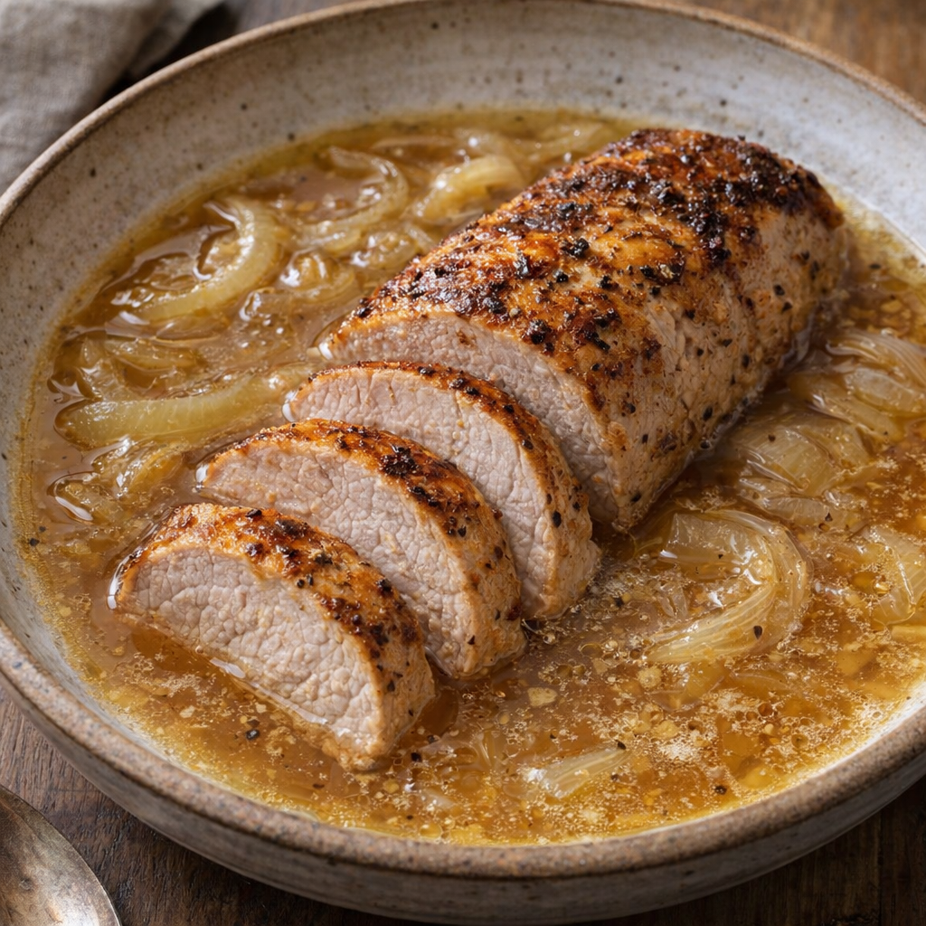 Golden ale pork tenderloin with a clear golden broth and simple rustic plating