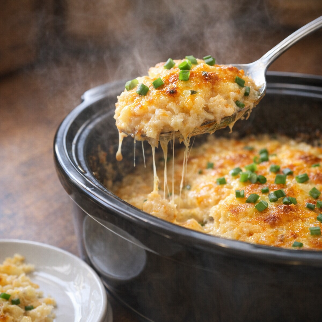Spoonful of creamy potato gratin being served