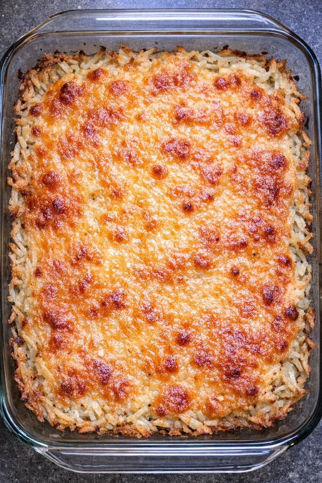 Golden baked casserole in a glass dish