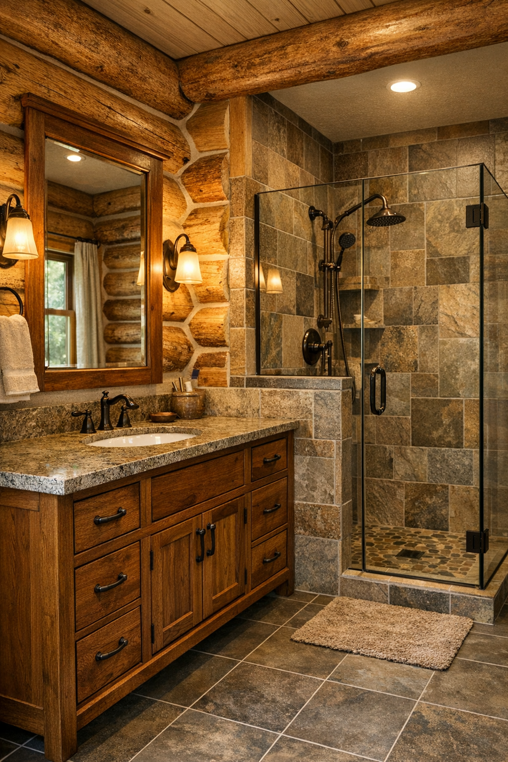 Warm traditional bathroom with custom wood vanity, stone surfaces, and matte tile