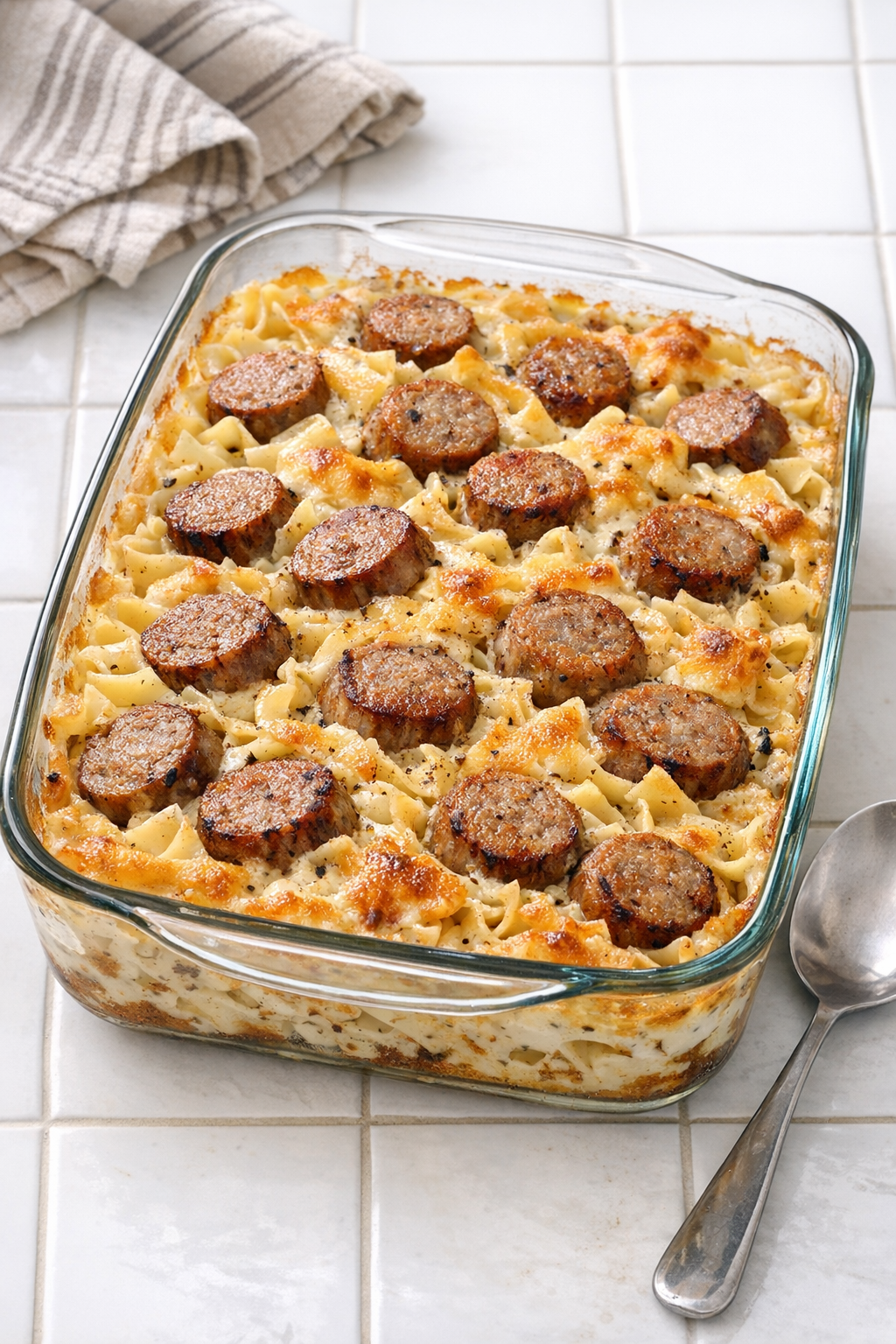 Finished bratwurst noodle bake in a glass casserole dish