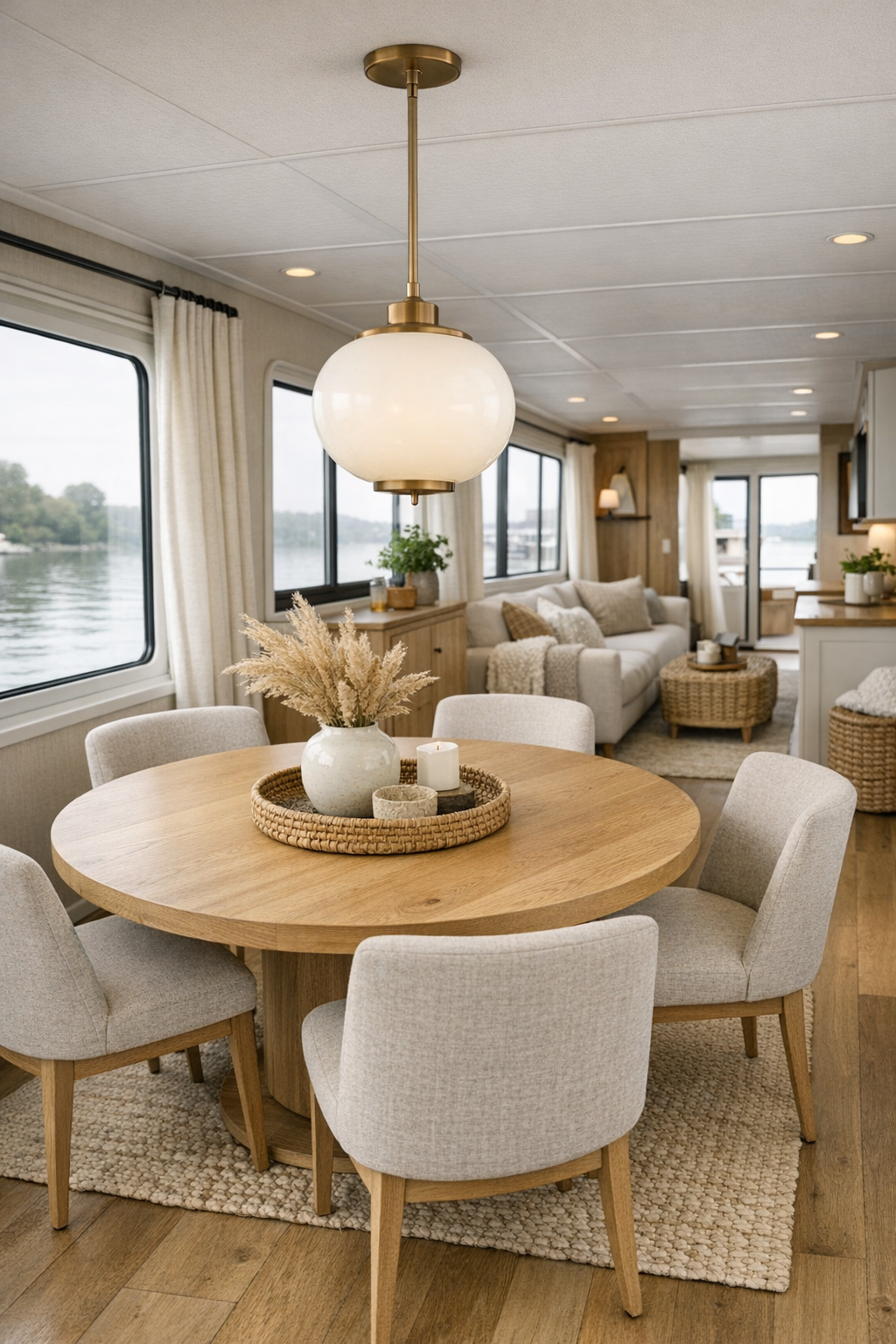 Open dining area with round oak table and soft brass lighting