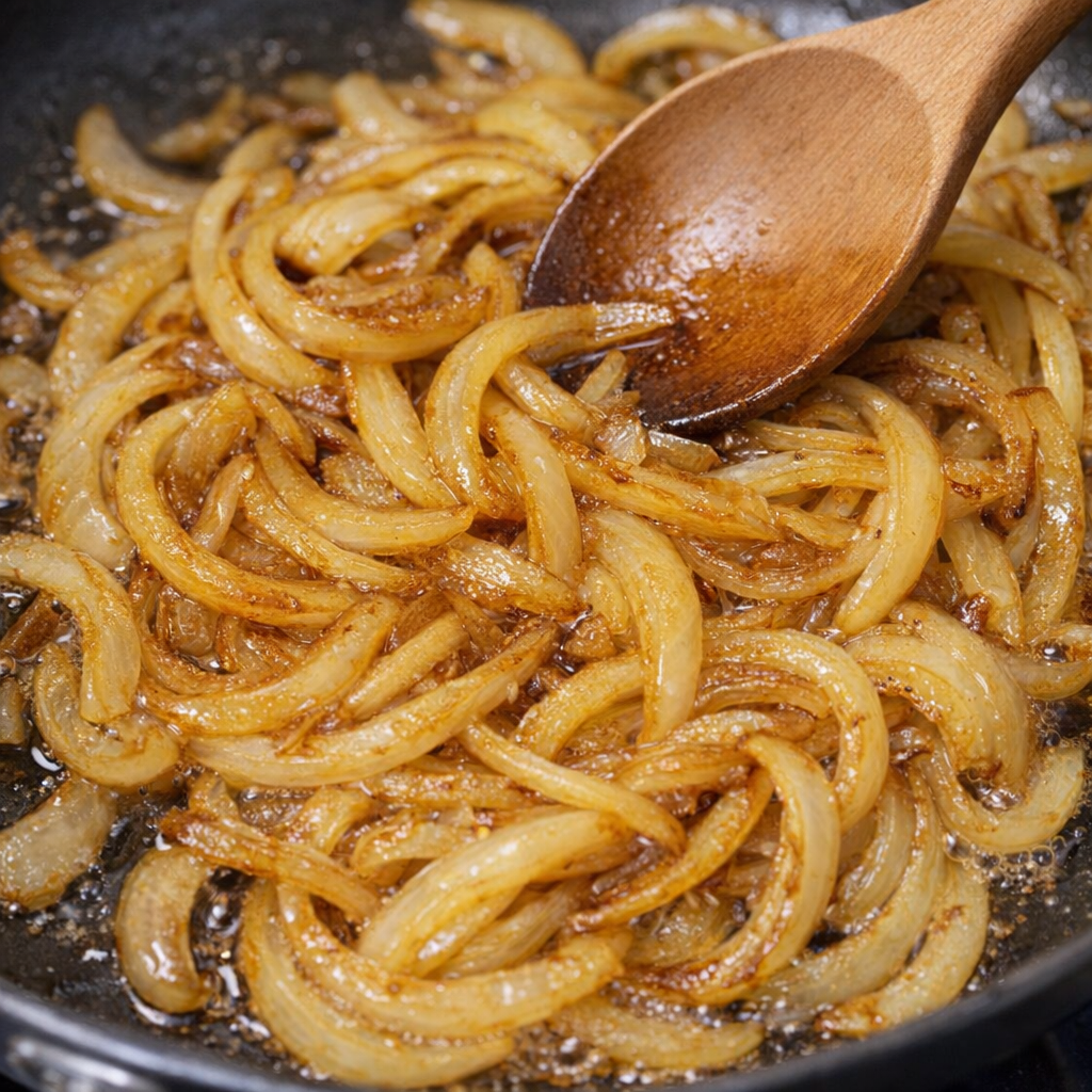 Onions browning in a skillet