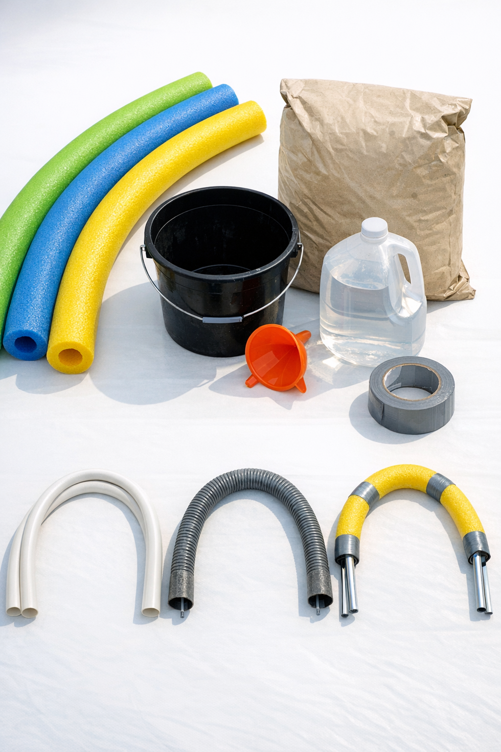 Pool noodles, cement, funnel, tape, and support items laid out for the project