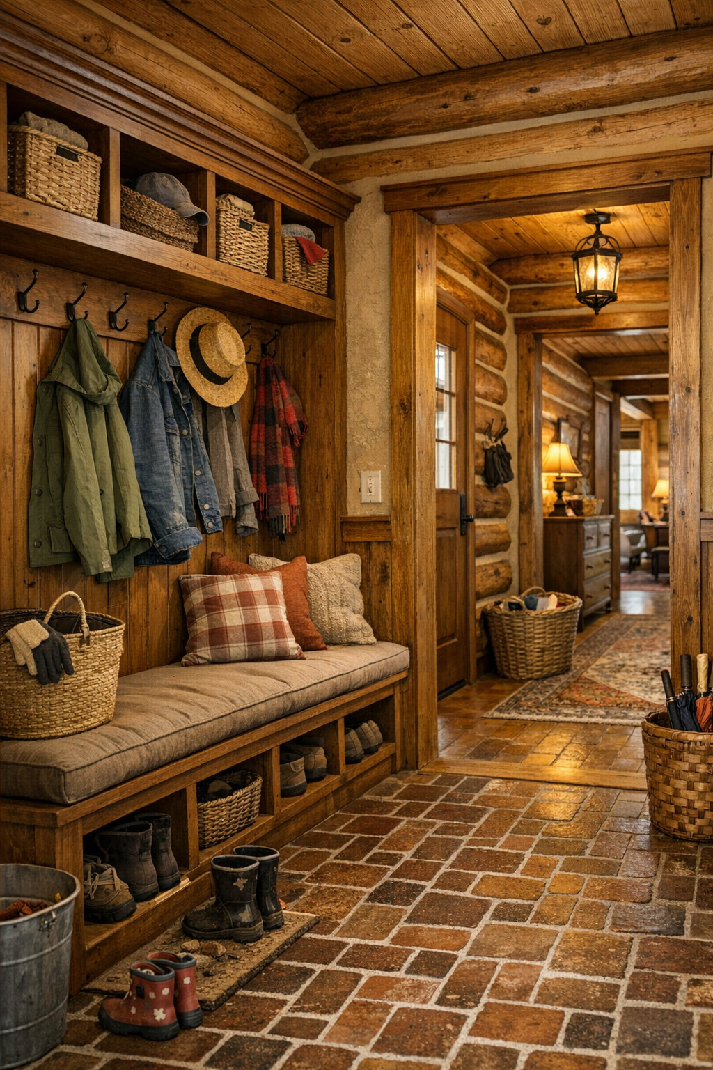 Inviting mudroom and hallway with built-in bench and classic woodwork
