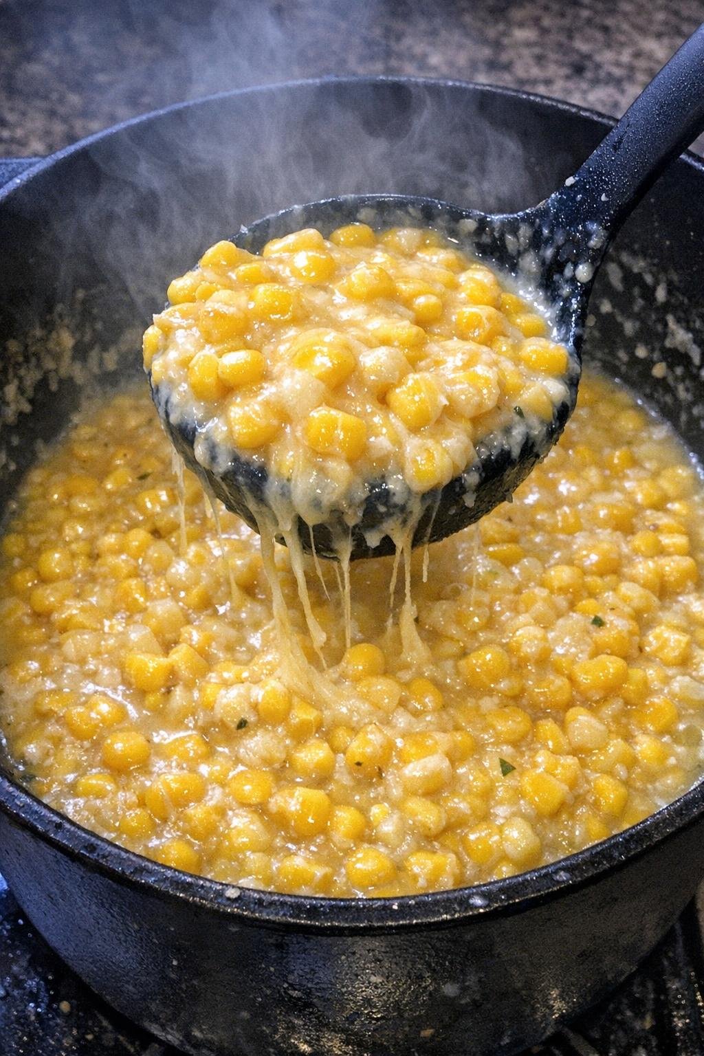 Cheesy corn stew in a black pot with a ladle lifting a steaming scoop