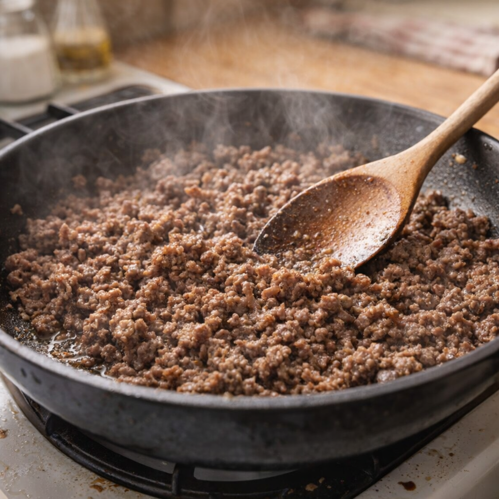 Ground beef browning in a skillet on a stovetop