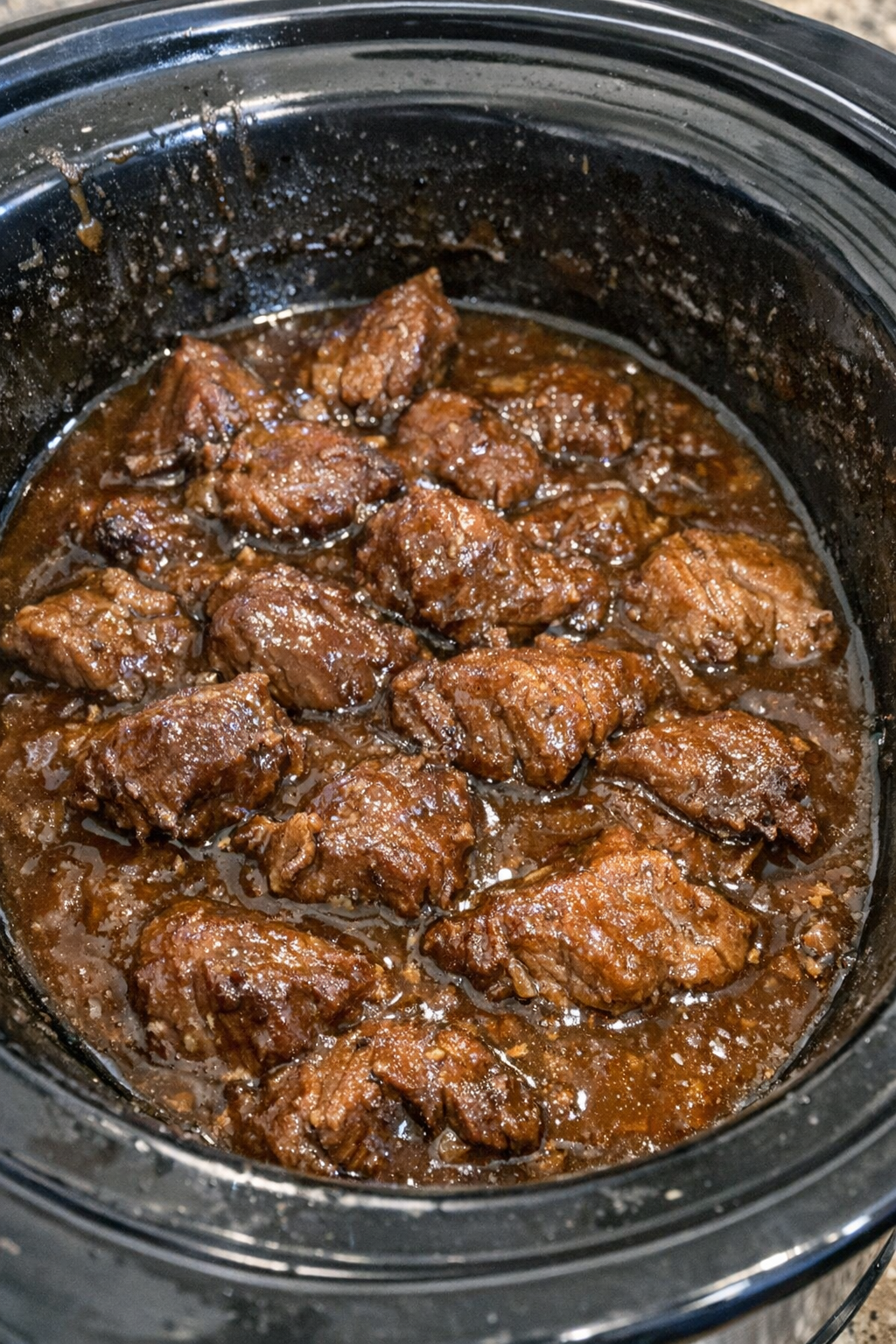 Slow cooker braised protein chunks in savory amber sauce