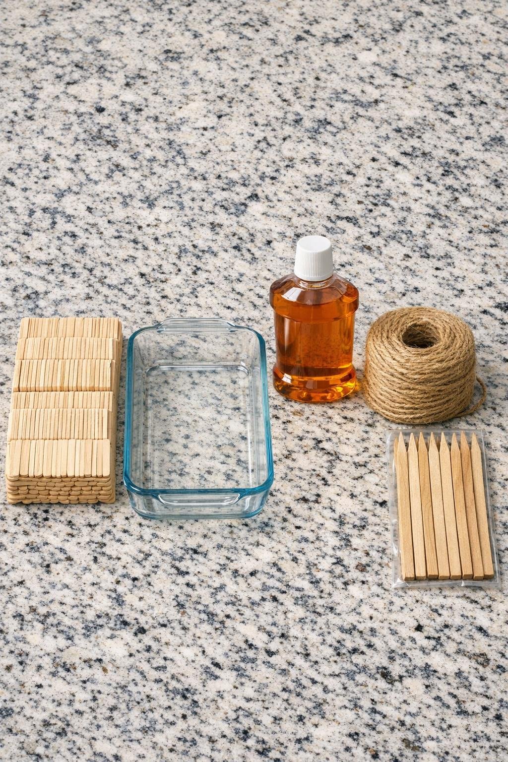 Dollar store materials laid out for a popsicle stick raised bed critter deterrent