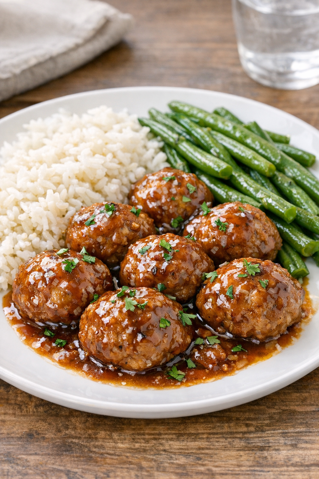 Finished slow cooker pork meatballs plated with sauce